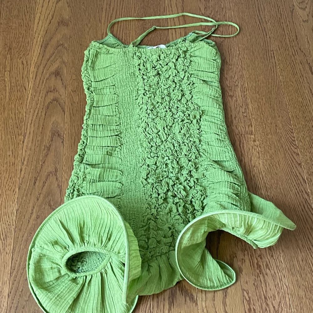 Green Ruched Mini Dress with Ruffle Hem - Picture 6 of 13